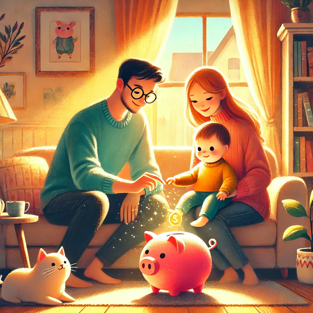 The Early Years: Laying the Financial Foundation for a Toddler's Future, Age up to 05 Years 3 DALL·E 2024 11 20 23.22.54 A heartwarming and magical illustration of a toddler sitting beside their parents on a cozy sofa learning about saving money. The scene is filled wit Money Saving tips for Toddler