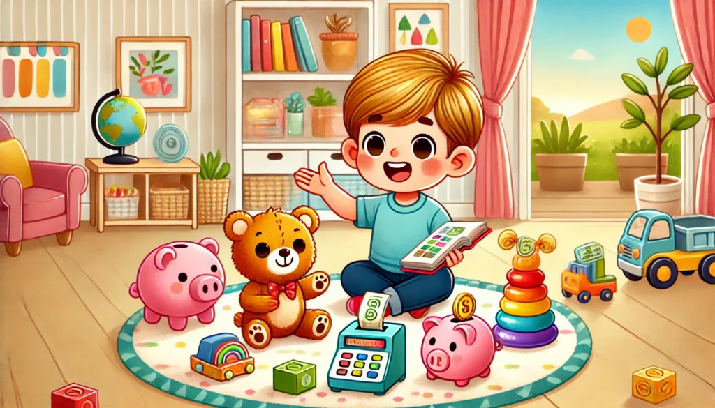 Unlock Financial Fun: Teaching Kids Money Lessons with Toys in USA and India 3 DALL·E 2024 12 06 11.33.48 A charming and colorful illustration of a small child sitting on a soft play mat surrounded by toys such as a teddy bear a piggy bank and a toy cas Teaching money lessons to kids using toys,Money toys and play money for teaching kids financial literacy