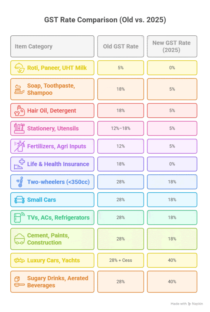 What Gets Cheaper After GST 2025,
Pros and ❌ Cons of GST Reform 2025,
GST Rate Old vs New 2025 Comparison Table,
0% GST Items List 2025 India,
Pros and Cons of GST Slabs 2025